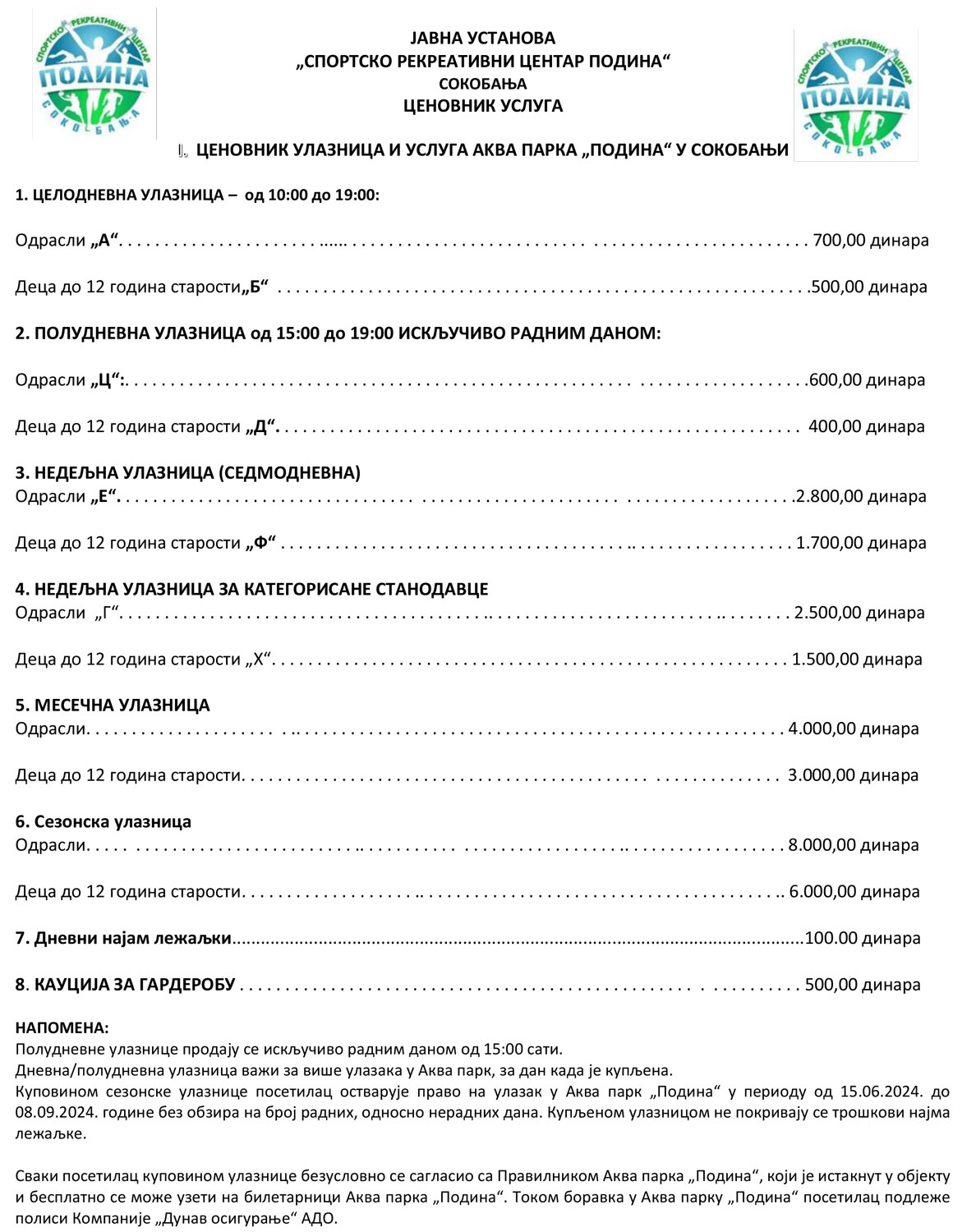Cenovnik akva parka Podina Sokobanja 2024